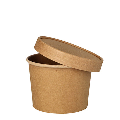 Ένα καφέ, στρογγυλό δοχείο σούπας PAPSTAR (9,8 εκ.) για σούπες και σνακ βρίσκεται άδειο με το αντίστοιχο καπάκι να κλίνει προς τα πάνω σε λευκό φόντο. Συσκευασία με 25 τεμάχια από την PAPSTAR GmbH.