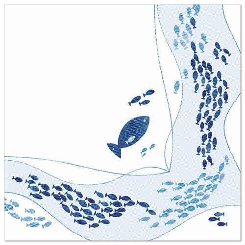 Μια στυλιζαρισμένη εικονογράφηση μικρών και μεγάλων μπλε ψαριών σε λευκό κοσμεί το PAPSTAR 50 πετσέτες "ROYAL Collection" 1/4-πτυχή 40 x 40 cm σχέδιο από PAPSTAR GmbH.