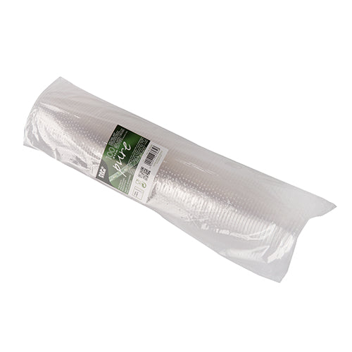 Eine Rolle mit 100 klaren, runden PAPSTAR „pure“ PLA-Deckeln (Ø 9,5 cm) mit Kreuzschlitz ist in Klarsichtfolie verpackt und mit einem grün-weißen Produktetikett der PAPSTAR GmbH versehen.