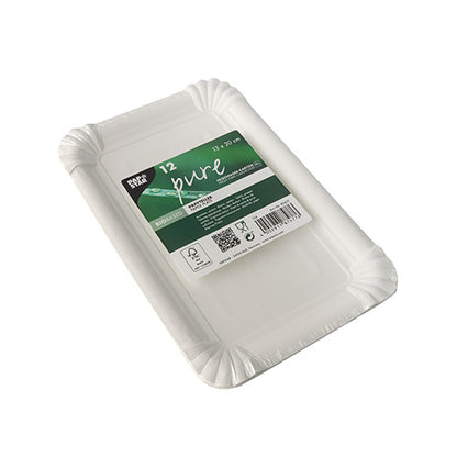 Μια συσκευασία με 12 ορθογώνια λευκά PAPSTAR "pure" μίας χρήσης πιάτα (13x20 cm) για πάρτι, με ανυψωμένο χείλος και στρογγυλεμένες γωνίες, από την PAPSTAR GmbH. Φιλική προς το περιβάλλον συσκευασία με σύμβολα ανακύκλωσης στην ετικέτα.