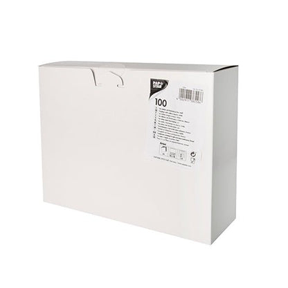 Οι θήκες μαχαιροπίρουνων Starpak 100 Airlaid (40 x 48 cm, με πτυχή για μαχαιροπίρουνα) παραδίδονται σε ένα ορθογώνιο λευκό κουτί με απλό καπάκι, δύο τρύπες στην κορυφή, μια ετικέτα «100» μπροστά, ένα γραμμωτό κώδικα και οδηγίες φροντίδας - ιδανικές για διακόσμηση τραπεζιού.