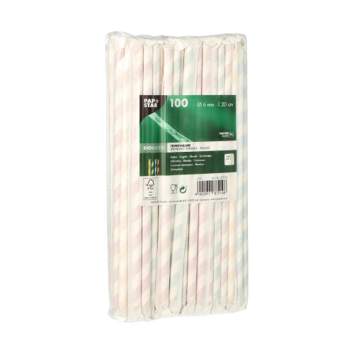 Μια συσκευασία 100 PAPSTAR καλαμάκια χαρτί, Ø 6 mm x 20 cm, παστέλ ριγέ της PAPSTAR GmbH βρίσκεται σε διαφανές φιλμ με πράσινη-λευκή ετικέτα με τις λεπτομέρειες του προϊόντος.