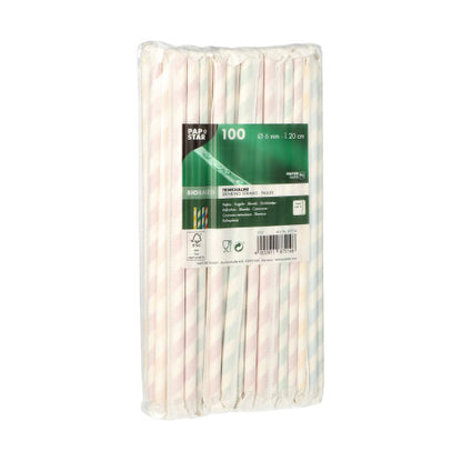 Μια συσκευασία 100 PAPSTAR καλαμάκια χαρτί, Ø 6 mm x 20 cm, παστέλ ριγέ της PAPSTAR GmbH βρίσκεται σε διαφανές φιλμ με πράσινη-λευκή ετικέτα με τις λεπτομέρειες του προϊόντος.