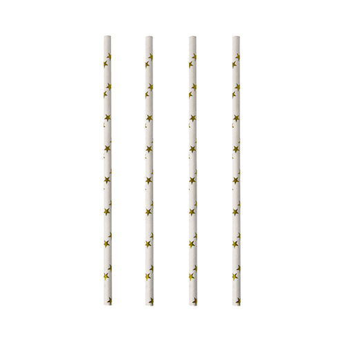 Τέσσερα PAPSTAR 100 καλαμάκια (Ø 6 mm) της PAPSTAR GmbH με μοτίβα κίτρινων αστεριών είναι τοποθετημένα κάθετα σε λευκό φόντο.