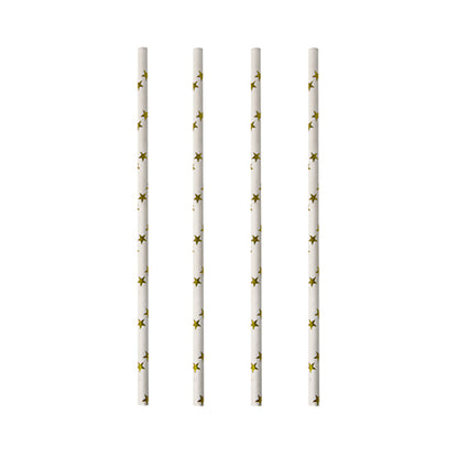 Τέσσερα PAPSTAR 100 καλαμάκια (Ø 6 mm) της PAPSTAR GmbH με μοτίβα κίτρινων αστεριών είναι τοποθετημένα κάθετα σε λευκό φόντο.