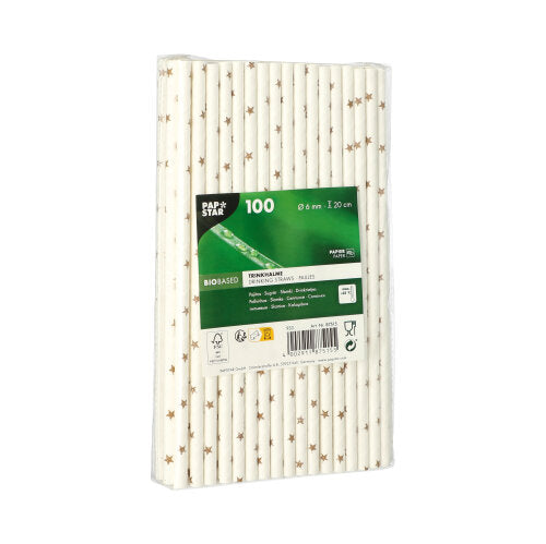 Μια συσκευασία με 100 PAPSTAR 6 mm καλαμάκια από λευκό χαρτί με χρυσά αστέρια, συσκευασμένα ξεχωριστά σε διαφανές πλαστικό. Στην πράσινη ετικέτα αναφέρονται η μάρκα PAPSTAR GmbH, η ποσότητα και η ένδειξη ότι αυτά τα καλαμάκια είναι φτιαγμένα από χαρτί φιλικό προς το περιβάλλον.