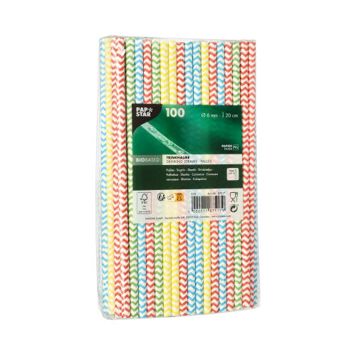 Τα PAPSTAR 100 καλαμάκια της PAPSTAR GmbH είναι φιλικά προς το περιβάλλον χαρτοκαλαμάκια (Ø 6 mm) με κόκκινο, κίτρινο, μπλε και πράσινο ζιγκ-ζαγκ μοτίβο, συσκευασμένα σε διαφανές φιλμ με πράσινη-λευκή ετικέτα.