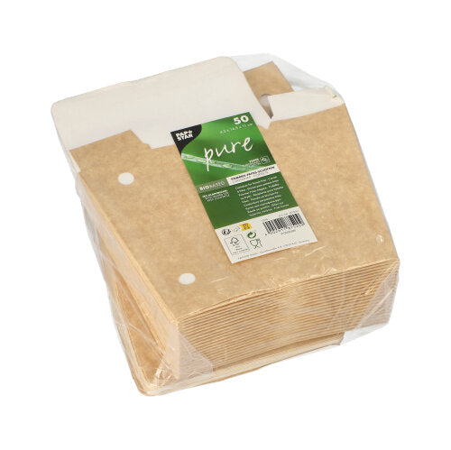 Ένας καθαρός, σε πλαστικό συσκευασμένος σωρός από 50 καφέ PAPSTAR "καθαρές" χοάνες τηγανιτών πατάτας από φιλικό προς το περιβάλλον χαρτόνι με καπάκι, πράσινη-λευκή ετικέτα και πληροφορίες προϊόντος της μάρκας PAPSTAR GmbH.