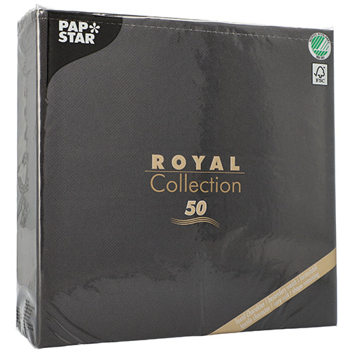 Ένα μαύρο πακέτο της PAPSTAR GmbH με την επιγραφή «ROYAL Collection 50» (48 x 48 cm, 1/4-πτυχή) δείχνει χρυσό και λευκό κείμενο, ένα πράσινο σύμβολο ανακύκλωσης στην επάνω δεξιά γωνία και περιέχει 50 υψηλής ποιότητας χαρτοπετσέτες.