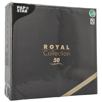 Ένα μαύρο πακέτο της PAPSTAR GmbH με την επιγραφή «ROYAL Collection 50» (48 x 48 cm, 1/4-πτυχή) δείχνει χρυσό και λευκό κείμενο, ένα πράσινο σύμβολο ανακύκλωσης στην επάνω δεξιά γωνία και περιέχει 50 υψηλής ποιότητας χαρτοπετσέτες.