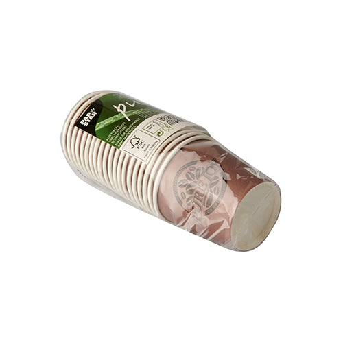 Ein Stapel von 20 PAPSTAR-Pappbechern „Pure Freude“ (0,1 l, Ø 6 cm) in lila Schrumpffolie mit grünem Info-Etikett. Marke: PAPSTAR GmbH.