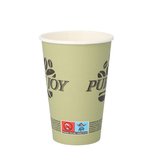 Der PAPSTAR 20 Trinkbecher (0,3 l, Ø 8 cm, grün) präsentiert sich im „Pure Joy“-Design mit Kaffeebohnen-Grafik und „PURE JOY“-Aufdruck sowie einem rot-blauen Etikett mit Icons am Boden. Marke: PAPSTAR GmbH. Weißer Hintergrund.