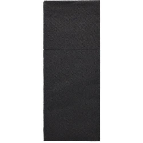 Οι θήκες μαχαιροπίρουνων Starpak 100, Airlaid 40x48 cm με πτυχή για μαχαιροπίρουνα, χαρακτηρίζονται από ένα κομψό μαύρο ορθογώνιο σχέδιο με μια διακριτική οριζόντια διαίρεση και μια υφή επιφάνεια Airlaid, που θυμίζει κομψή διακόσμηση τραπεζιού.