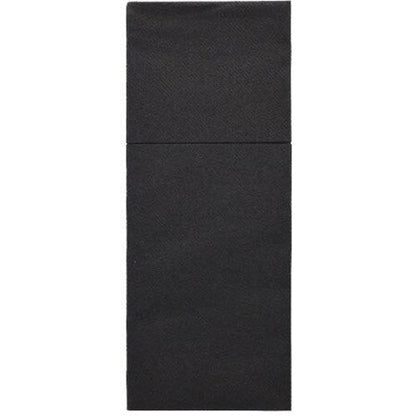 Οι θήκες μαχαιροπίρουνων Starpak 100, Airlaid 40x48 cm με πτυχή για μαχαιροπίρουνα, χαρακτηρίζονται από ένα κομψό μαύρο ορθογώνιο σχέδιο με μια διακριτική οριζόντια διαίρεση και μια υφή επιφάνεια Airlaid, που θυμίζει κομψή διακόσμηση τραπεζιού.