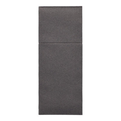 Οι θήκες μαχαιροπίρουνων Starpak 100, Airlaid 40×48cm με πτυχή για μαχαιροπίρουνα, είναι μια σκούρα γκρι, ορθογώνια, δομημένη επιφάνεια, που χωρίζεται από μια οριζόντια γραμμή και εμφανίζεται επίπεδη σε λευκό φόντο - ιδανική για μοντέρνα διακόσμηση τραπεζιού.