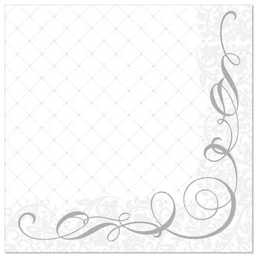 Οι PAPSTAR 50 χαρτοπετσέτες "ROYAL Collection" 1/4-πτυχή 40 x 40 cm γκρι της PAPSTAR GmbH δείχνουν ένα λευκό, τετράγωνο σχέδιο με διακριτικό μοτίβο λουλουδιών και ρόμβων και έναν κομψό γκρι στροβιλισμό στη δεξιά κάτω γωνία.