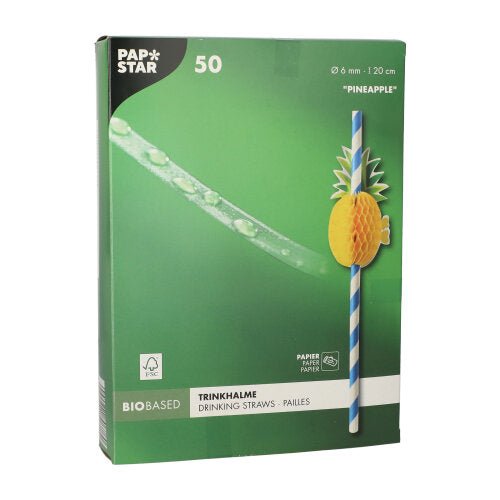 Ένα πράσινο κουτί με 50 χάρτινα καλαμάκια (20 cm x Ø 6 mm) της PAPSTAR GmbH με ριγέ καλαμάκια και έναν κίτρινο χάρτινο ανανά περιέχει 50 βιοδιασπώμενα, φιλικά προς το περιβάλλον καλαμάκια.