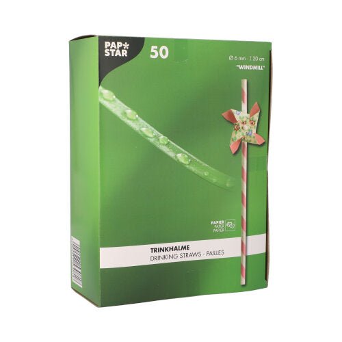 Ένα πράσινο κουτί PAPSTAR 50 καλαμάκια (χαρτί Ø 6 mm · 20 cm) της PAPSTAR GmbH με την επιγραφή «WINDMILL» δείχνει ένα ριγέ καλαμάκι με έναν ανεμόμυλο και πολυγλωσσικό κείμενο.