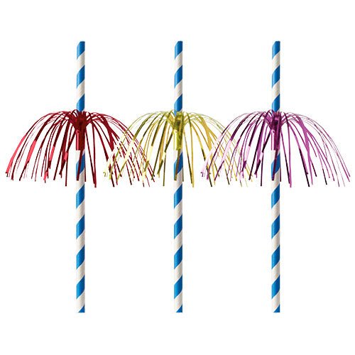 Τρία PAPSTAR χάρτινα καλαμάκια (Ø 6 mm, 20 cm) με μπλε-λευκές ρίγες και μεταλλικές φούντες σε κόκκινο, κίτρινο και μοβ από την PAPSTAR GmbH - βιοδιασπώμενα για αειφόρο ποιότητα.