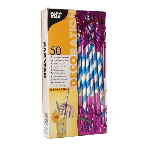 Ένα κουτί με 50 PAPSTAR χάρτινα καλαμάκια (Ø 6mm, 20cm) της PAPSTAR GmbH, με μπλε-λευκές ρίγες και μοβ λαμέ, πείθει με την αειφόρο ποιότητα και τις πολυγλωσσικές πληροφορίες προϊόντος στη συσκευασία.