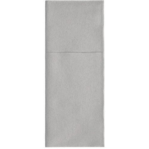 Οι θήκες μαχαιροπίρουνων Starpak 100, Airlaid 40 cm x 48 cm με πτυχή για μαχαιροπίρουνα, είναι ανοιχτό γκρι, διπλωμένες σε τρίτα ορθογώνιες χαρτοπετσέτες με μια επάνω πτυχή - ιδανικές για κομψή διακόσμηση τραπεζιού ή ως στυλάτες θήκες μαχαιροπίρουνων.