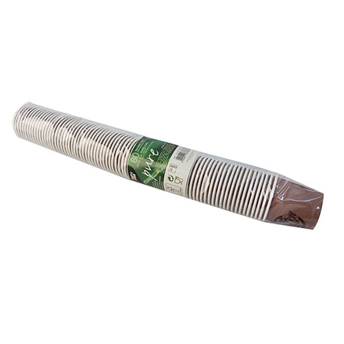 Ένα διαφανές, πλαστικά συσκευασμένο πακέτο περιέχει στοιβαγμένα λευκά PAPSTAR 80 ποτήρια, χαρτί «Καθαρή Χαρά» από την PAPSTAR GmbH, με καφέ εσωτερικό και πράσινη ετικέτα, που συνδυάζουν φιλικότητα προς το περιβάλλον και μοντέρνο σχεδιασμό.