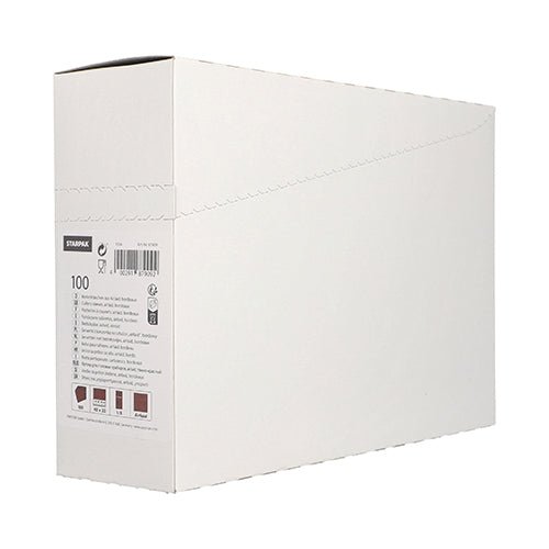 Ένα κουτί Starpak 100 θηκών μαχαιροπήρουνων Airlaid (40 x 33 cm) στέκεται όρθιο με μερικώς ανοιχτό καπάκι, αποκαλύπτοντας μια ετικέτα με κείμενο, σύμβολα και γραμμωτούς κώδικες. Χρησιμοποιείται συχνά σε εστιατόρια για την οργάνωση θηκών μαχαιροπήρουνων μπροστά από ένα απλό λευκό φόντο.
