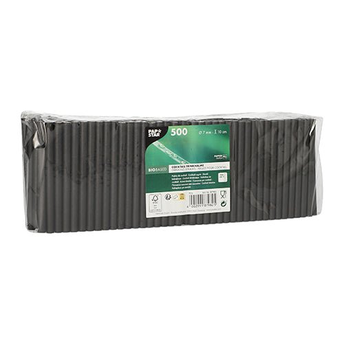 500 PAPSTAR χάρτινα καλαμάκια κοκτέιλ (7 mm, 10 cm, μαύρο) συσκευασμένα σε διάφανη μεμβράνη από την PAPSTAR GmbH. Καλαμάκια από βιολογικό χαρτί, καθαρά στοιβαγμένα, είναι ιδανικά για κοκτέιλ και εκδηλώσεις. Πράσινη και λευκή ετικέτα στο μπροστινό μέρος.