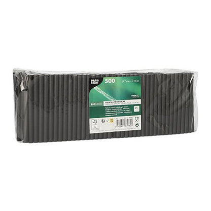 500 PAPSTAR χάρτινα καλαμάκια κοκτέιλ (7 mm, 10 cm, μαύρο) συσκευασμένα σε διάφανη μεμβράνη από την PAPSTAR GmbH. Καλαμάκια από βιολογικό χαρτί, καθαρά στοιβαγμένα, είναι ιδανικά για κοκτέιλ και εκδηλώσεις. Πράσινη και λευκή ετικέτα στο μπροστινό μέρος.
