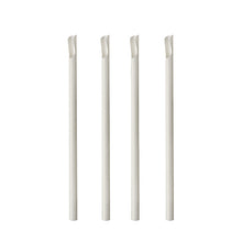 Τέσσερα λευκά PAPSTAR καλαμάκια με κουτάλι από χαρτί (20 εκ., Ø 8 χιλ., 100 κομμάτια) στέκονται όρθια σε σειρά μπροστά από λευκό φόντο· κάθε καλαμάκι έχει λοξή κοπή στην άκρη.