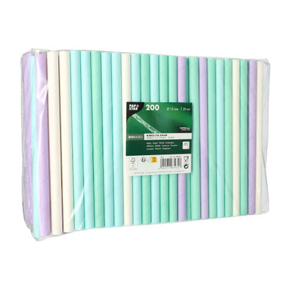 Μια διάφανη πλαστική συσκευασία της PAPSTAR GmbH περιέχει 200 PAPSTAR χάρτινα καλαμάκια Bubble Tea (Ø 12 mm, 20 cm), σε διάφορα χρώματα. Η ετικέτα δείχνει φιλικά προς το περιβάλλον εικονίδια - ιδανικά για τους λάτρεις του Bubble Tea.