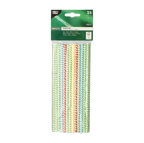 Μια συσκευασία με 25 PAPSTAR-χάρτινα καλαμάκια (Ø 6 mm, 20 cm) σε μαύρο-λευκές ρίγες, τοποθετημένα κάθετα σε διαφανές πλαστικό περίβλημα με πράσινη ετικέτα της PAPSTAR GmbH με λεπτομέρειες προϊόντος.