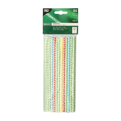 Μια συσκευασία με 25 PAPSTAR-χάρτινα καλαμάκια (Ø 6 mm, 20 cm) σε μαύρο-λευκές ρίγες, τοποθετημένα κάθετα σε διαφανές πλαστικό περίβλημα με πράσινη ετικέτα της PAPSTAR GmbH με λεπτομέρειες προϊόντος.