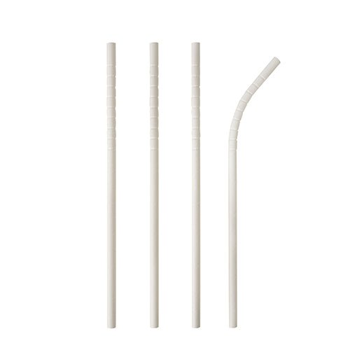 Τέσσερα PAPSTAR 100 καλαμάκια χαρτιού "pure" (Ø 6 mm, 20 cm) της PAPSTAR GmbH είναι τοποθετημένα κάθετα σε λευκό φόντο. Τρία είναι ίσια, ένα λυγισμένο στο πάνω άκρο - μια βιώσιμη εναλλακτική στα πλαστικά καλαμάκια.