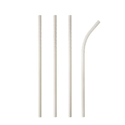 Τέσσερα PAPSTAR 100 καλαμάκια χαρτιού "pure" (Ø 6 mm, 20 cm) της PAPSTAR GmbH είναι τοποθετημένα κάθετα σε λευκό φόντο. Τρία είναι ίσια, ένα λυγισμένο στο πάνω άκρο - μια βιώσιμη εναλλακτική στα πλαστικά καλαμάκια.