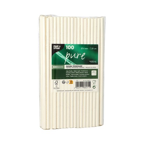 Μια διαφανής συσκευασία της PAPSTAR GmbH περιέχει 100 "pure" καλαμάκια χαρτιού (Ø 6 mm, 20 cm), που παρουσιάζονται όρθια με μια πράσινη ετικέτα που αναφέρει "biobased". Σφιχτά συσκευασμένα, αυτά τα καλαμάκια είναι μια φιλική προς το περιβάλλον εναλλακτική.