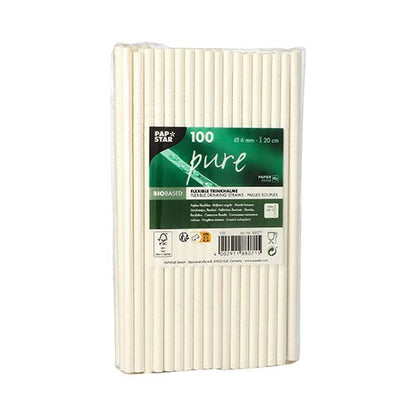Μια διαφανής συσκευασία της PAPSTAR GmbH περιέχει 100 "pure" καλαμάκια χαρτιού (Ø 6 mm, 20 cm), που παρουσιάζονται όρθια με μια πράσινη ετικέτα που αναφέρει "biobased". Σφιχτά συσκευασμένα, αυτά τα καλαμάκια είναι μια φιλική προς το περιβάλλον εναλλακτική.