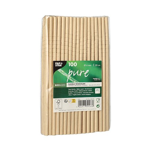 Μια συσκευασία με 100 PAPSTAR "pure" καλαμάκια χαρτιού (Ø 6 mm, 20 cm) της PAPSTAR GmbH σε ανοιχτό μπεζ - φιλικά προς το περιβάλλον, βιοδιασπώμενα καλαμάκια συσκευασμένα σε διαφανές πλαστικό με πράσινη-λευκή ετικέτα για τα ποτά σας.