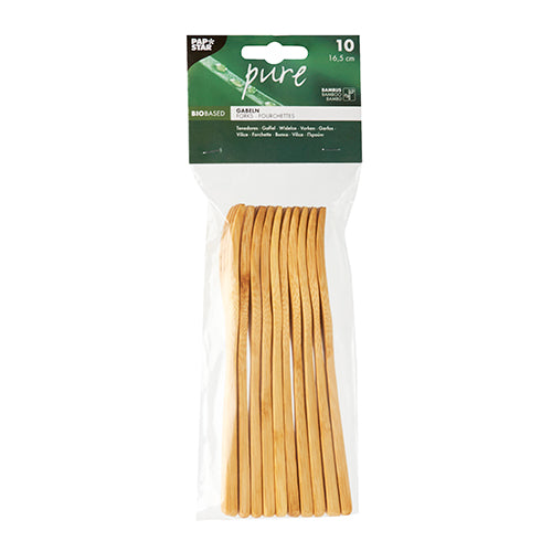 10 τεμάχια PAPSTAR πιρούνια από μπαμπού "pure", 16,5 cm, με πράσινη-λευκή ετικέτα από την PAPSTAR GmbH - ένα ιδανικό φιλικό προς το περιβάλλον μαχαιροπίρουνο για κάθε εκδήλωση με οικολογική συνείδηση.