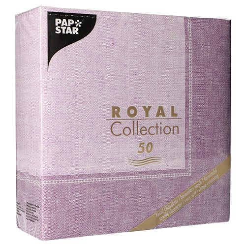 Μια συσκευασία PAPSTAR 50 χαρτοπετσέτες "ROYAL Collection" 1/4 διπλωμένες 40 x 40 cm σε φούξια. Στην μπροστινή πλευρά απεικονίζονται η μάρκα και το όνομα της συλλογής της PAPSTAR GmbH, υποδεικνύοντας το περιεχόμενο των 50 χαρτοπετσετών.