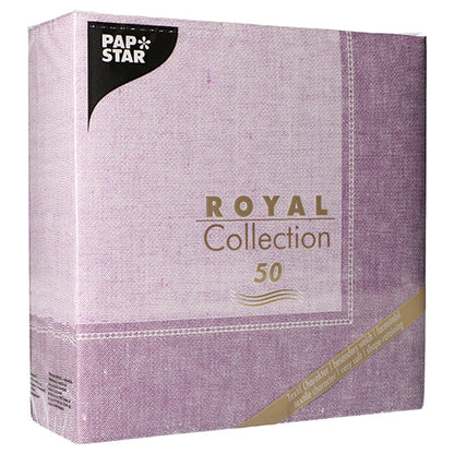 Μια συσκευασία PAPSTAR 50 χαρτοπετσέτες "ROYAL Collection" 1/4 διπλωμένες 40 x 40 cm σε φούξια. Στην μπροστινή πλευρά απεικονίζονται η μάρκα και το όνομα της συλλογής της PAPSTAR GmbH, υποδεικνύοντας το περιεχόμενο των 50 χαρτοπετσετών.