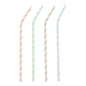 Vier pastellfarbene PAPSTAR 100 Trinkhalme aus Papier (Ø 6 mm) von PAPSTAR GmbH sind auf einem weißen Hintergrund aufgereiht. Die umweltfreundlichen Trinkhalme haben eine flexible Spitze und sind in den Farben Rosa, Grün, Grau und Blau erhältlich.