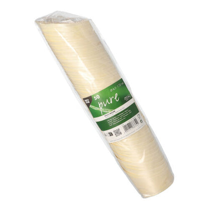 Μια συσκευασία με 50 PAPSTAR ξύλινα „pure“ κυπελλάκια σνακ (7,2 εκ. ύψος) της PAPSTAR GmbH, συσκευασμένα σε διαφανή μεμβράνη με πράσινη-λευκή ετικέτα – ιδανικά για τη φιλική προς το περιβάλλον σερβίρισμα σνακ.