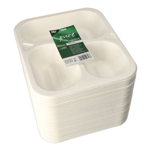 100 weiße PAPSTAR Siegelschalen aus Zuckerrohr, 3-geteilt, 925 ml je Schale, nachhaltig verpackt in einer grün-weißen Banderole. Von PAPSTAR GmbH.