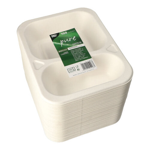 Ένα στοίβαγμα λευκών PAPSTAR 100 δίσκοι σφράγισης από ζαχαροκάλαμο, 2-μερών και πλαστικοποιημένοι. Η πράσινο-λευκή ετικέτα της PAPSTAR GmbH υποδεικνύει 100 φιλικούς προς το περιβάλλον δίσκους μιας χρήσης για catering.