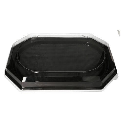 Ein Starpak 10 Servierplatten, PET schwarz Tablett von Starpak mit einem durchsichtigen PET-Deckel, schwarz und rechteckig mit abgerundeten Kanten und erhöhtem Rand – perfekt für Catering-Events, abgebildet auf weißem Hintergrund.