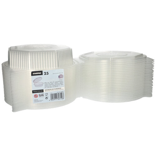 Δύο στοίβες Starpak 25 κουτιά μενού με καπάκια, PP διαφανή και 8-γωνο (5,9 x 21,5 x 21,5 cm) απεικονίζονται δίπλα-δίπλα. Ιδανικά για αποθήκευση τροφίμων ή σερβίρισμα γευμάτων σε κάθε εκδήλωση.