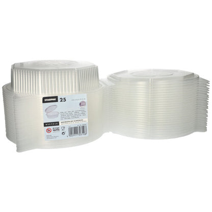 Δύο στοίβες Starpak 25 κουτιά μενού με καπάκια, PP διαφανή και 8-γωνο (5,9 x 21,5 x 21,5 cm) απεικονίζονται δίπλα-δίπλα. Ιδανικά για αποθήκευση τροφίμων ή σερβίρισμα γευμάτων σε κάθε εκδήλωση.