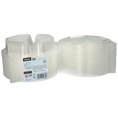 Απεικονίζεται ένας στοίβας από 25 Starpak κουτιά μενού με καπάκια, από διαφανές PP (8-γωνο, 5,9 x 21,5 x 21,5 cm). Η ετικέτα περιέχει πληροφορίες μάρκας και οδηγίες χρήσης - ιδανικά για αποθήκευση τροφίμων ή σερβίρισμα.