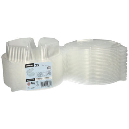 Απεικονίζεται ένας στοίβας από 25 Starpak κουτιά μενού με καπάκια, από διαφανές PP (8-γωνο, 5,9 x 21,5 x 21,5 cm). Η ετικέτα περιέχει πληροφορίες μάρκας και οδηγίες χρήσης - ιδανικά για αποθήκευση τροφίμων ή σερβίρισμα.